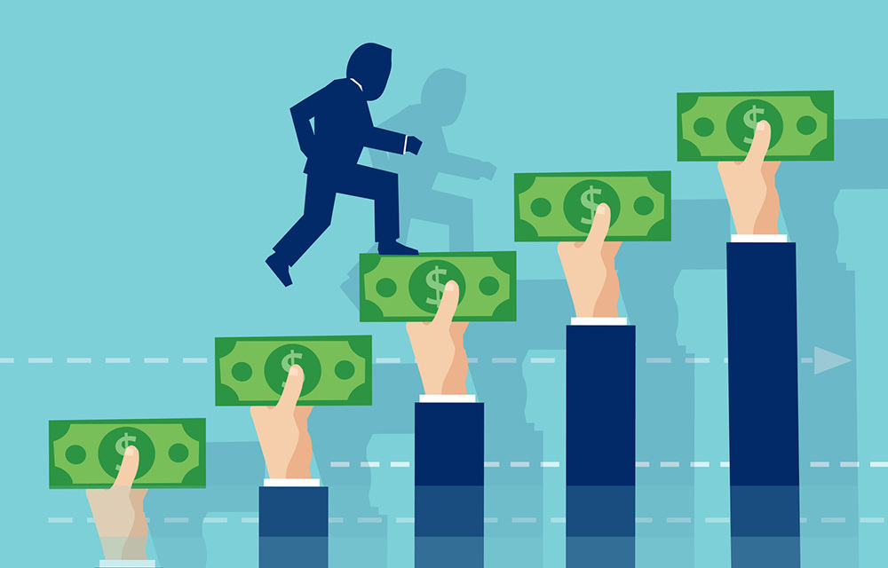 Man being supported in his upward climb by a series of hands holidng money