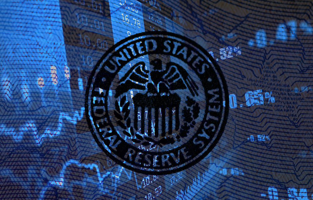Federal Reserve logo with blue charts in background