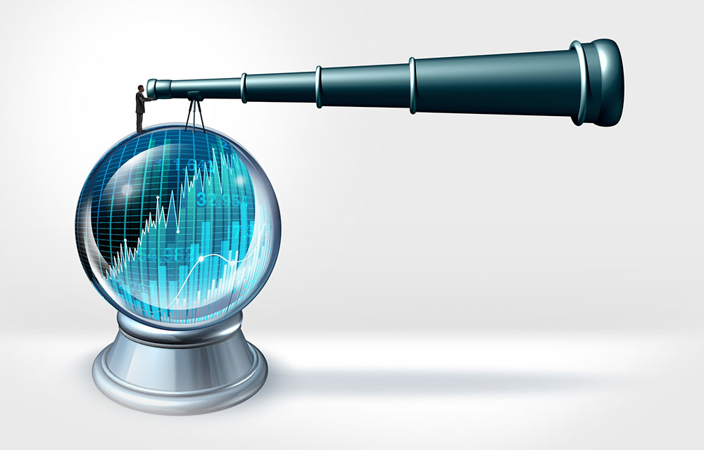 Tiny guy standing on top of a crystal ball while looking through a really long telescope