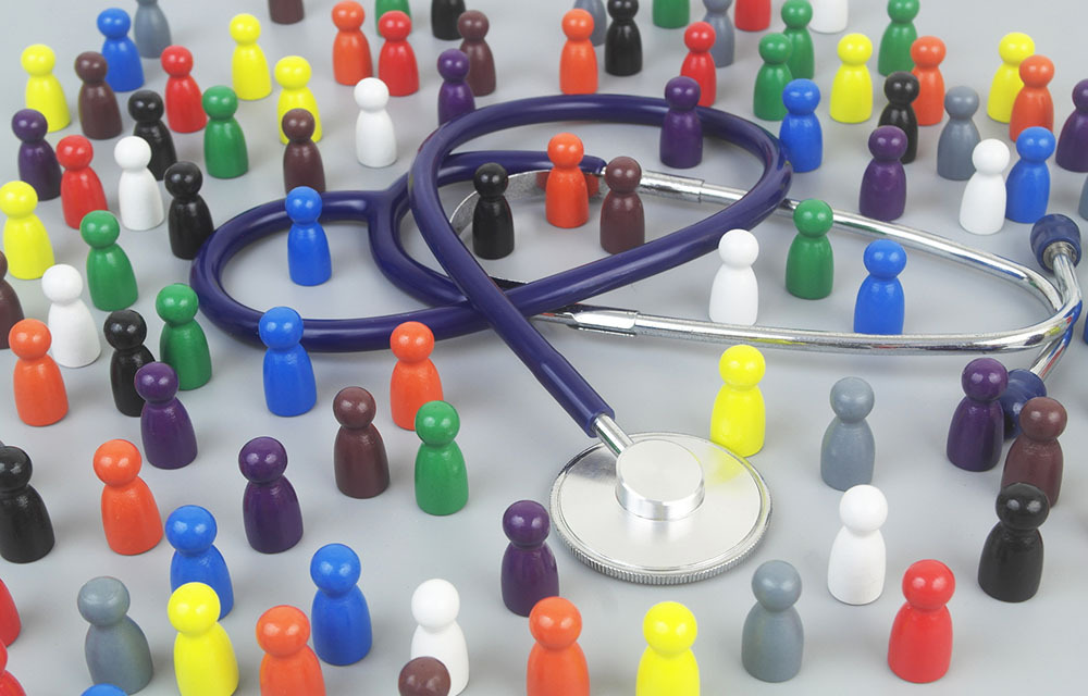 Figures surrounding a stethoscope