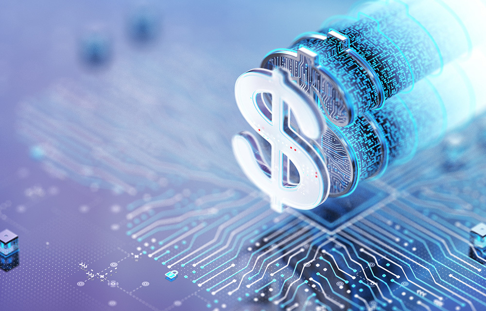 Stylized dollar sign floating over a circuit board