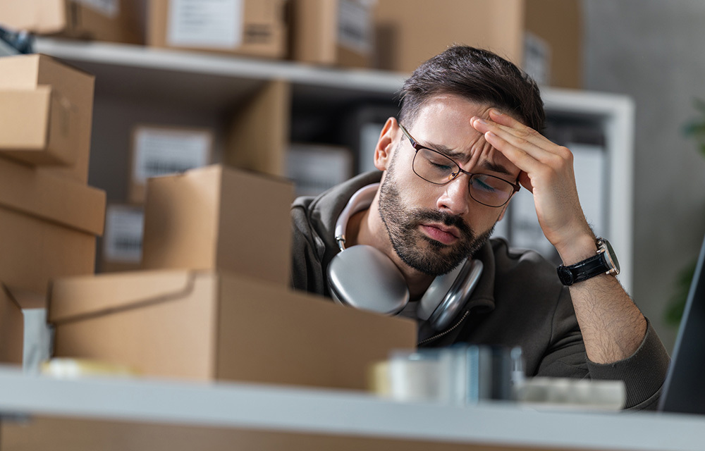 Guy sitting in a stock room worried about his supply chain issues