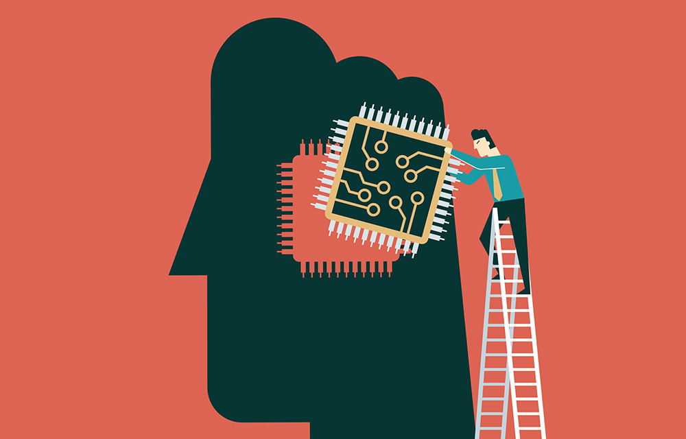 Man on a ladder placing a computer chip into someone's brain