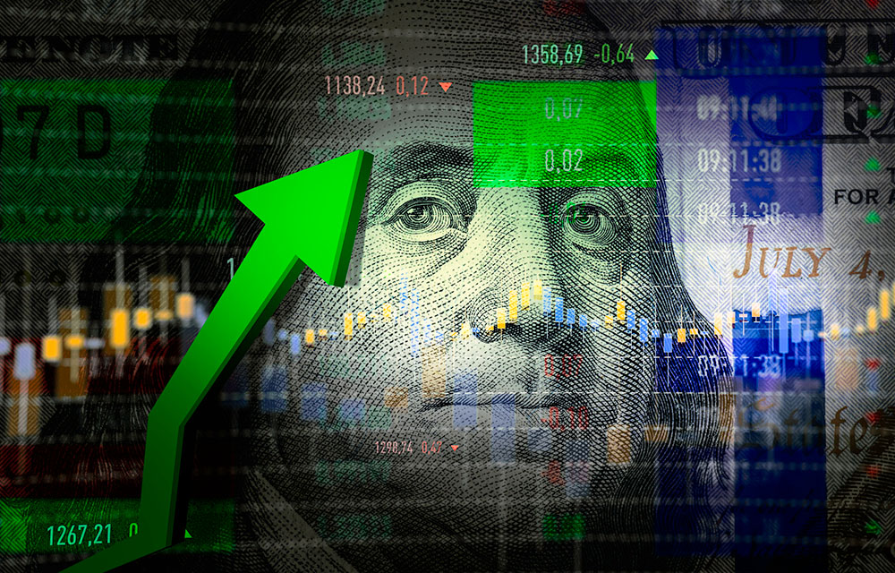 Vision of an upward arrow with Ben Franklin's $100 image in background