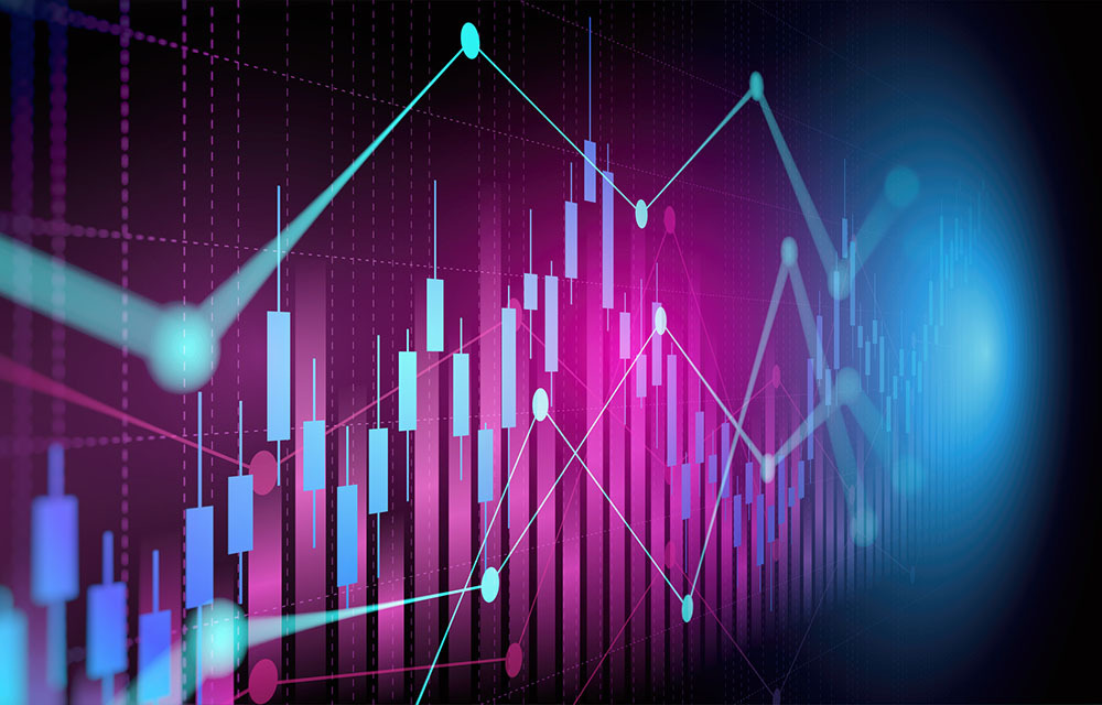 Purple and blue abstract financial graph with layered trend lines and columns.