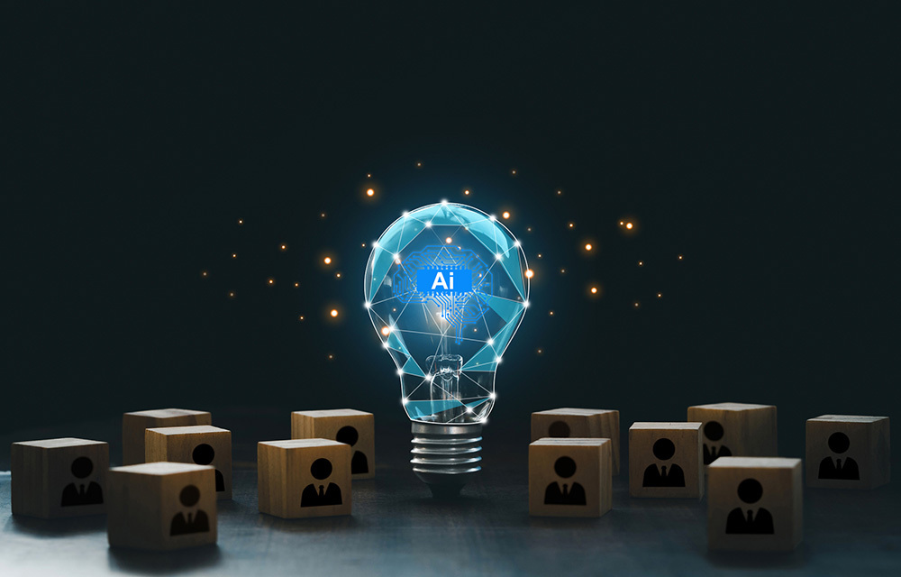 Illustration of a lightbulb with an internal brainstem that says AI and surrounding blocks that represent people.