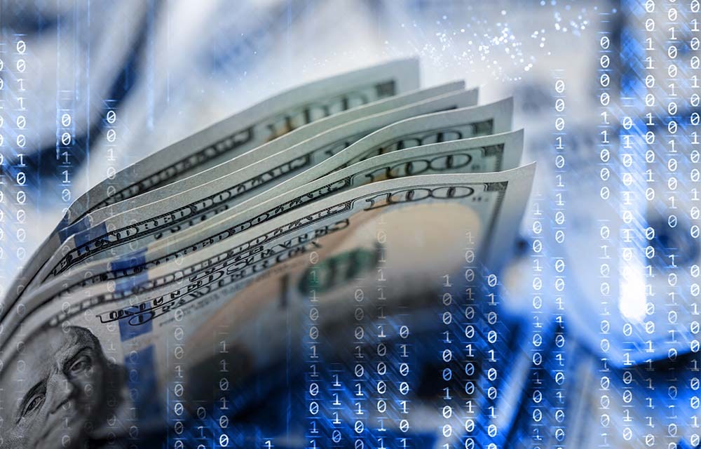 Graphic with binary code around a stack of hundred-dollar bills.