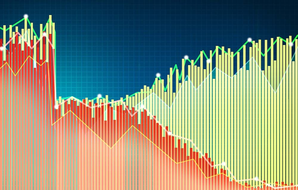 Graphic of a densely packed bar chart with multiple layers.