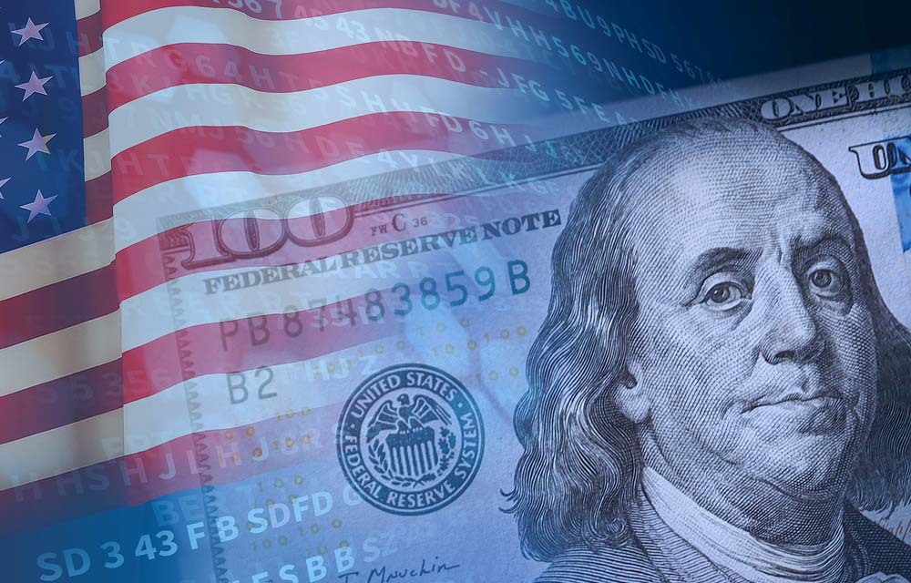 The American flag and a hundred-dollar bill overlaid on top of each other.