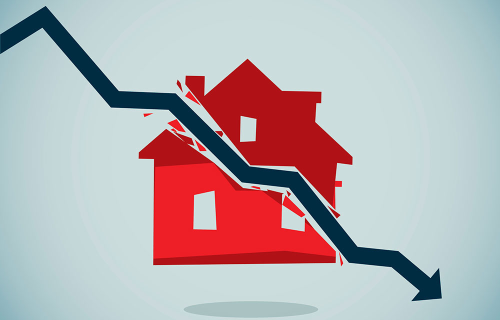 illustration of a house split by a downward trending arrow