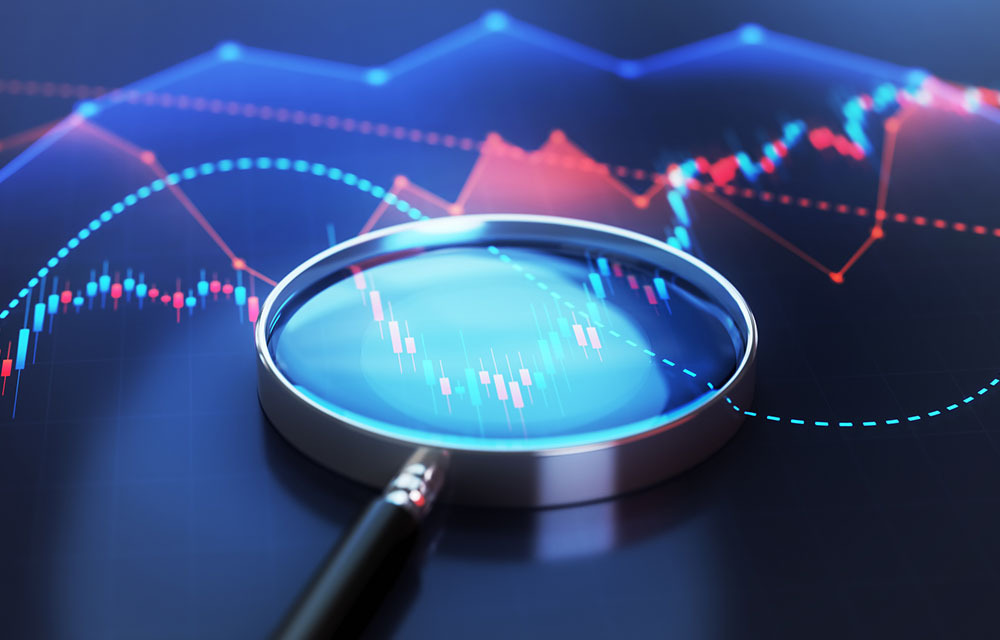 3D rendered magnifying-glass on top of an assortment of economic charts.
