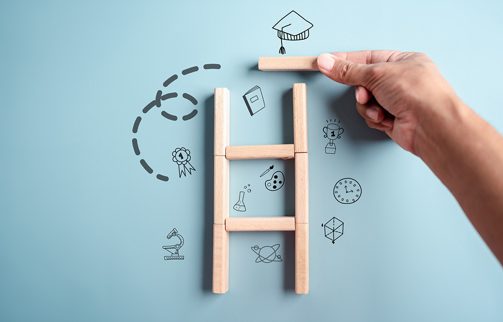 A small wooden ladder being pieced together with an assortment of educational and scientific icons in its surroundings.