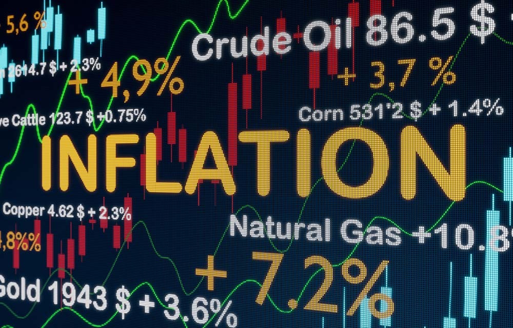 Graphic of stock market prices with the word "inflation" in large letters.