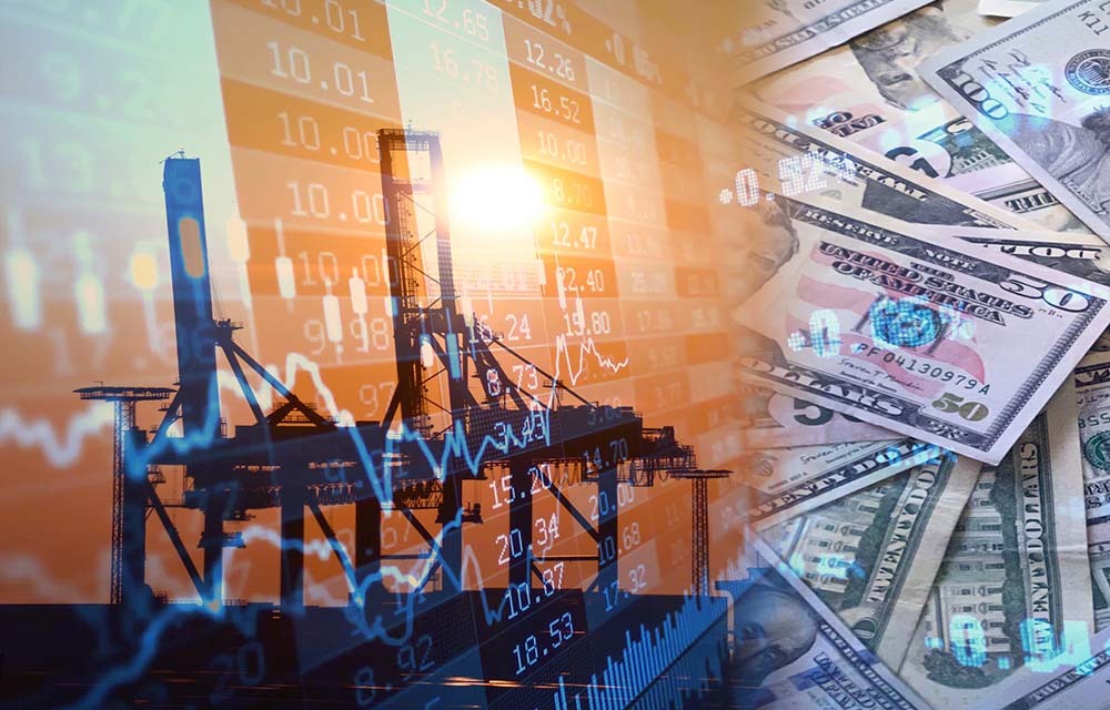 A semi-transparent collage including shipping container dock, a chart of changing values, and money.