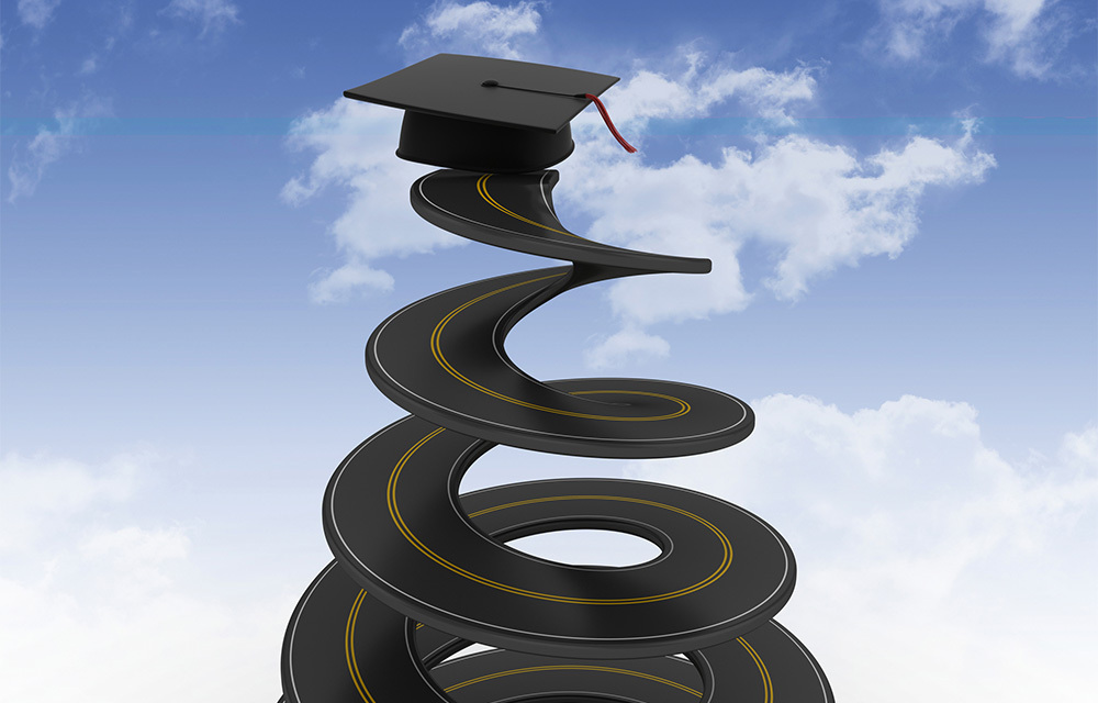Graphic of a spiral road going towards the sky with a graduation cap at the top.