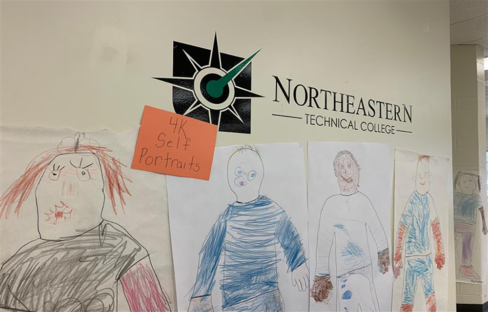 Northeastern Technical College logo with self-portrait drawings by students surrounding.