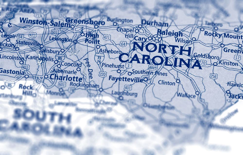 the state of North Carolina on a map