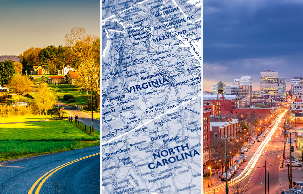 view of a country road, map and a city