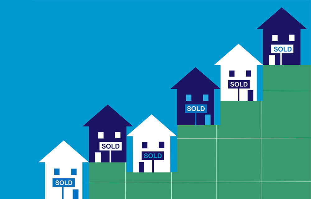 Illustration of sold houses on a gradually increasing bar chart.