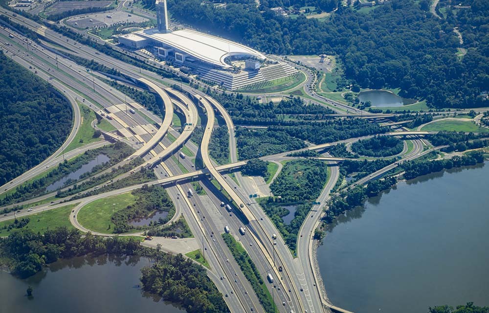 Aerial view of interweaving highways.