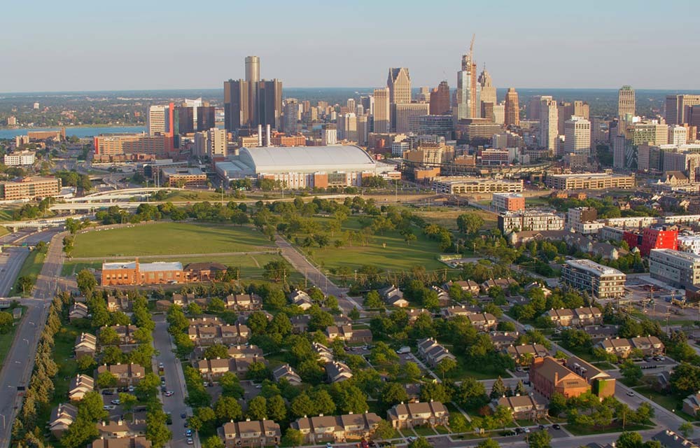 Aerial view of urban and residential areas in Detroit, Michigan.