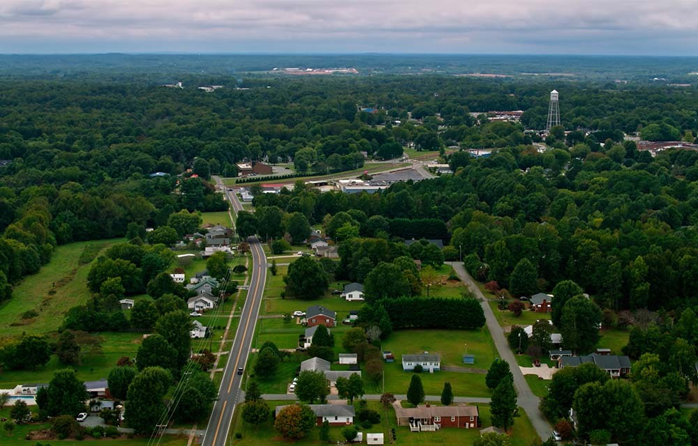 Drone shot of Liberty, a small town in Randolph County, North Carolina on an overcast day in early Fall.