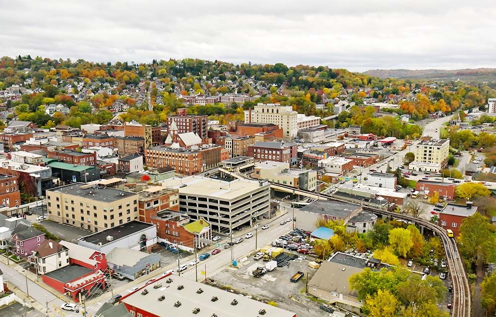 Aerial shot of Morgantown, West Virginia, on an overcast day in Fall.