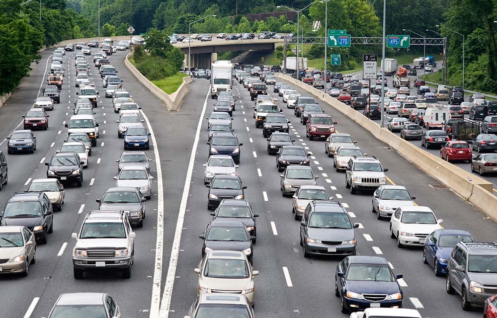 Traffic jam on the Capital Beltway in Washington DC on a cloudy overcast day.