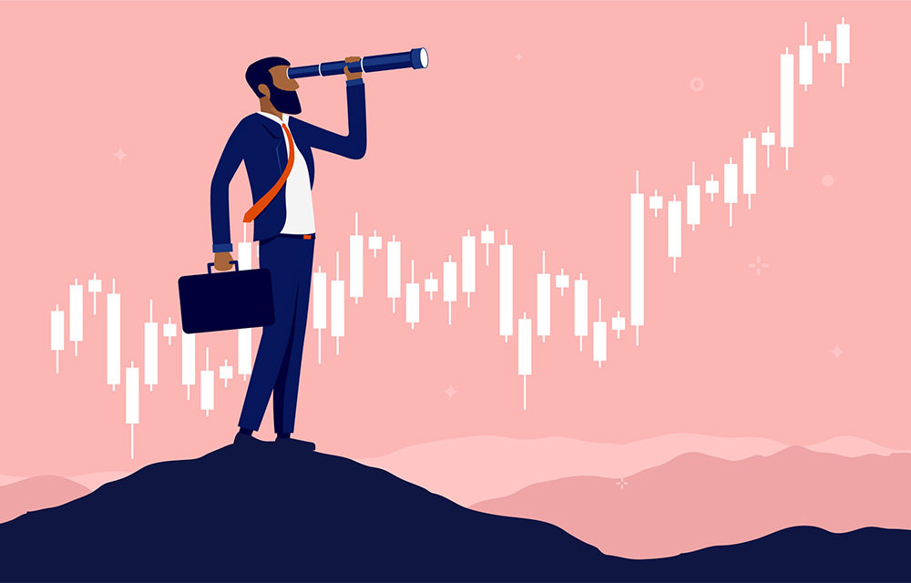 Stock photo of a man looking through a telescope, with a salmon-colored background with white financial charts
