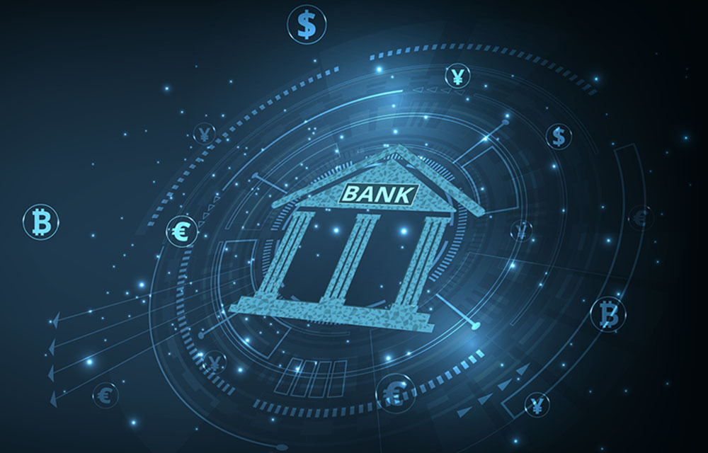 Illustration of Banking, Finance, and Crypto on a dark blue technology background