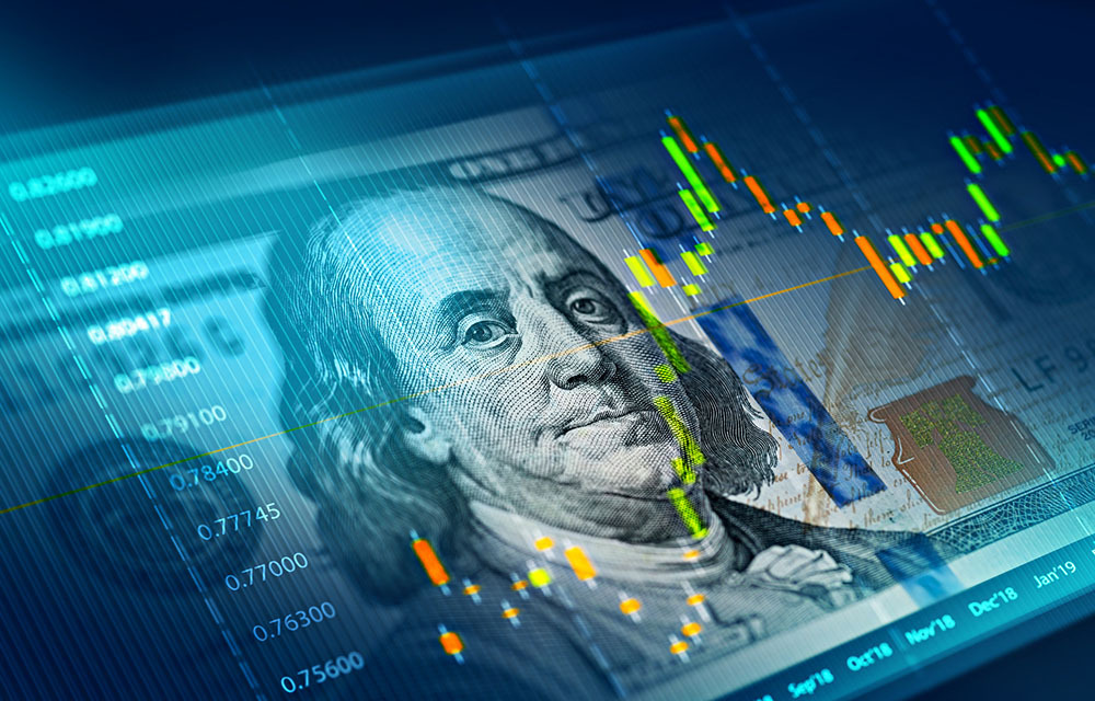 A hundred-dollar bill with an overlay of a semi-transparent stock market chart.