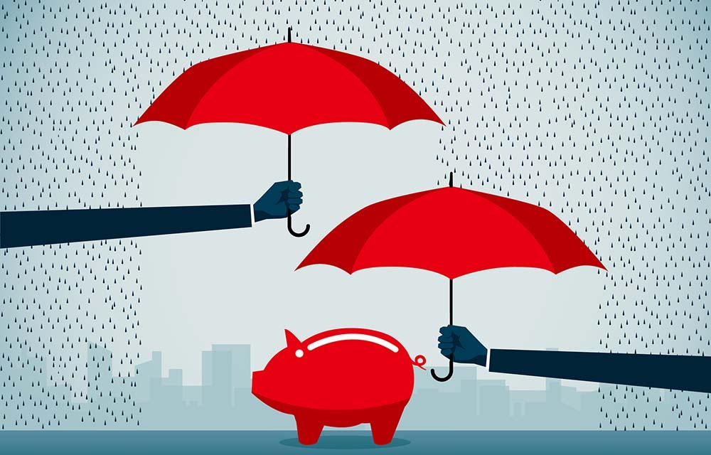 Illustration people in suits holding umbrellas over a piggy bank as it rains.