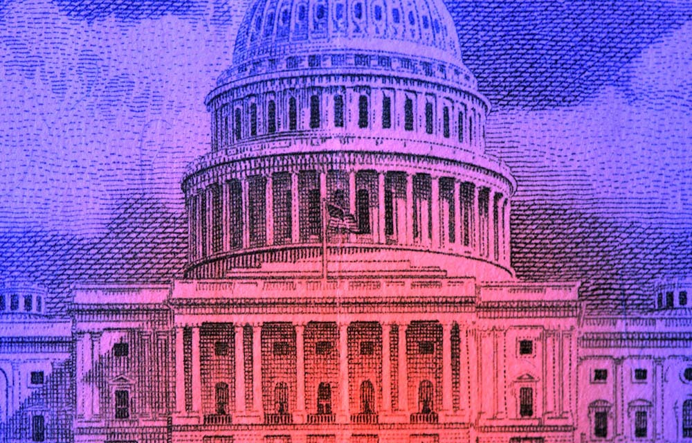 Drawing of the United States capital building with red and blue shading.