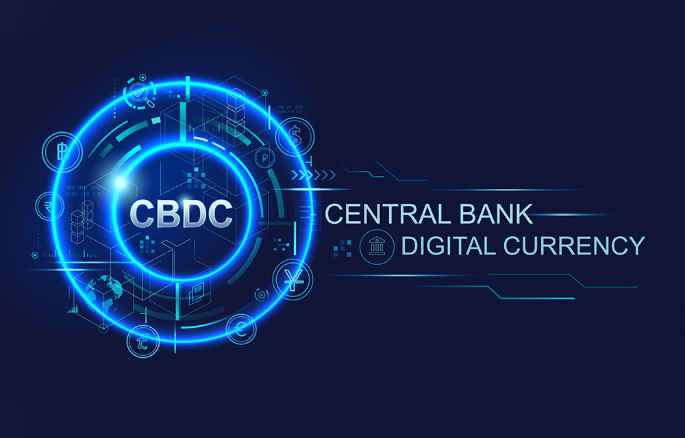 Central bank digital currency logo surrounded by 14 different global money symbols