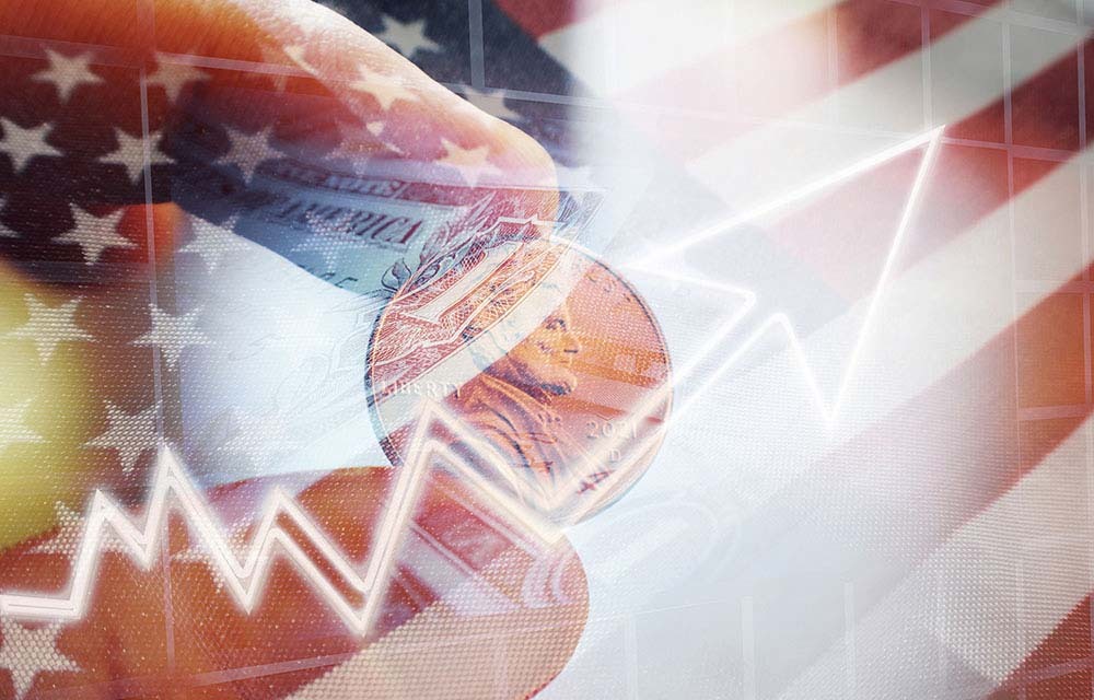 A penny being held between person's index finger and thumb with a semi-transparent American flag and upwards arrow overlay.