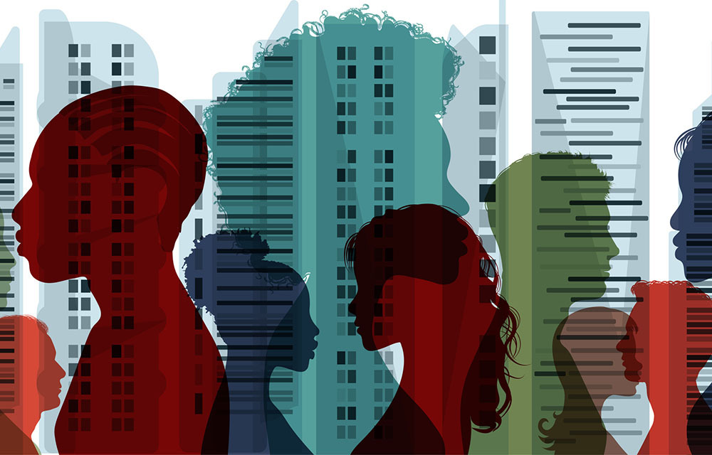 Illustration of a diverse array of silhouettes in overlaid on a city landscape.