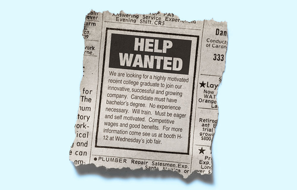 Help wanted ad clipped from the classified section of a newspaper.