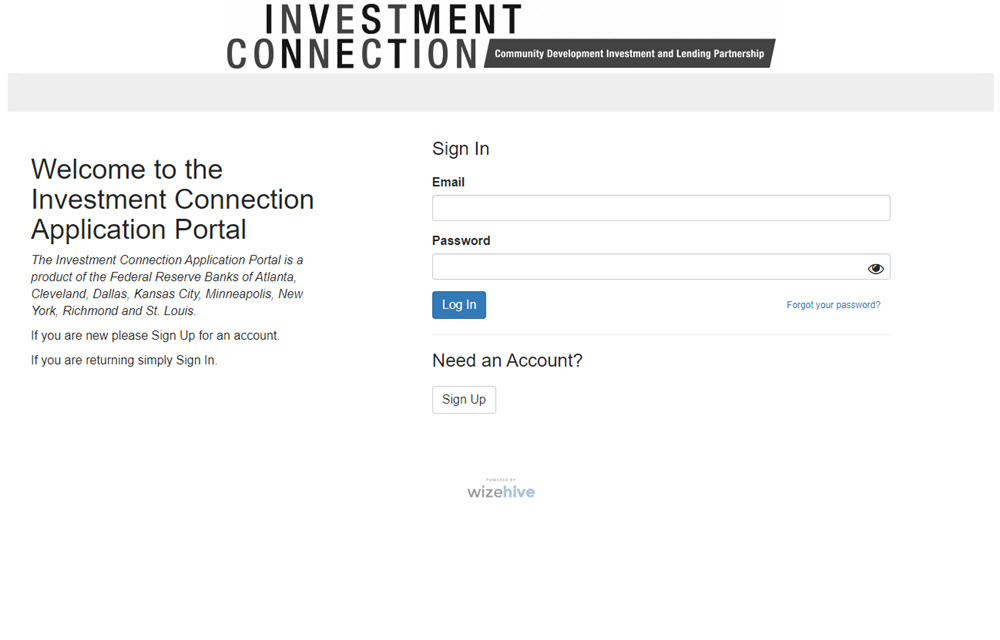screenshot of Investment Connection portal page