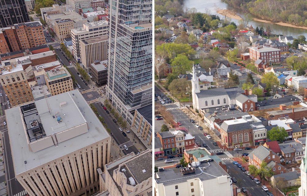 Two images: left side is a city; right side is a small town