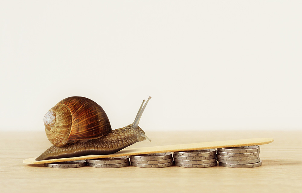 Snail slowly climbing up a pile of coins.