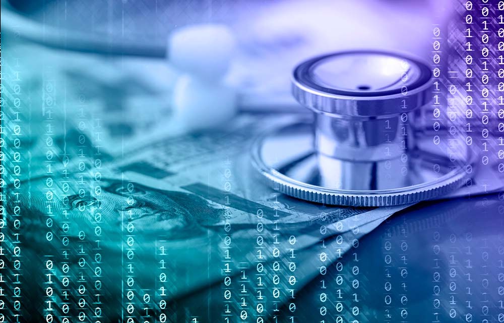 Abstract image of a stethoscope laying on top of money with a semi-transparent binary code overlay.