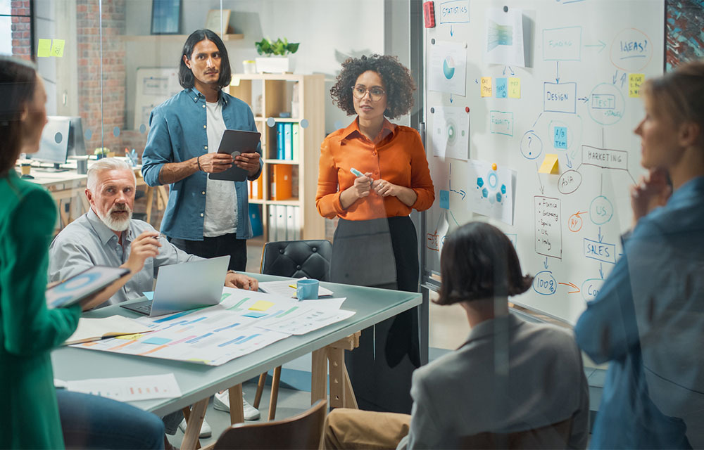 Diverse group of office workers brainstorming an idea that's being formulated on a whiteboard.