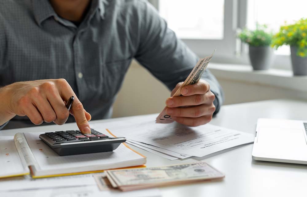 Man at a desk using a calculator and holding paper money in his hand