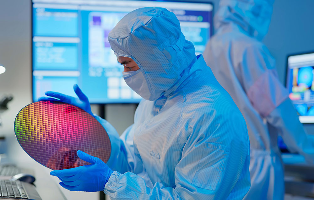 Technician dressed in PPE inspecting a silicon wafer for use in chip manufacturing.