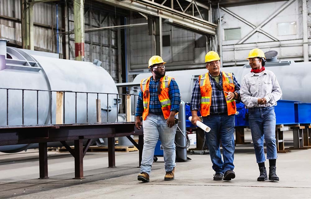Workers in hard hats and high visibility vests walking through a factory.