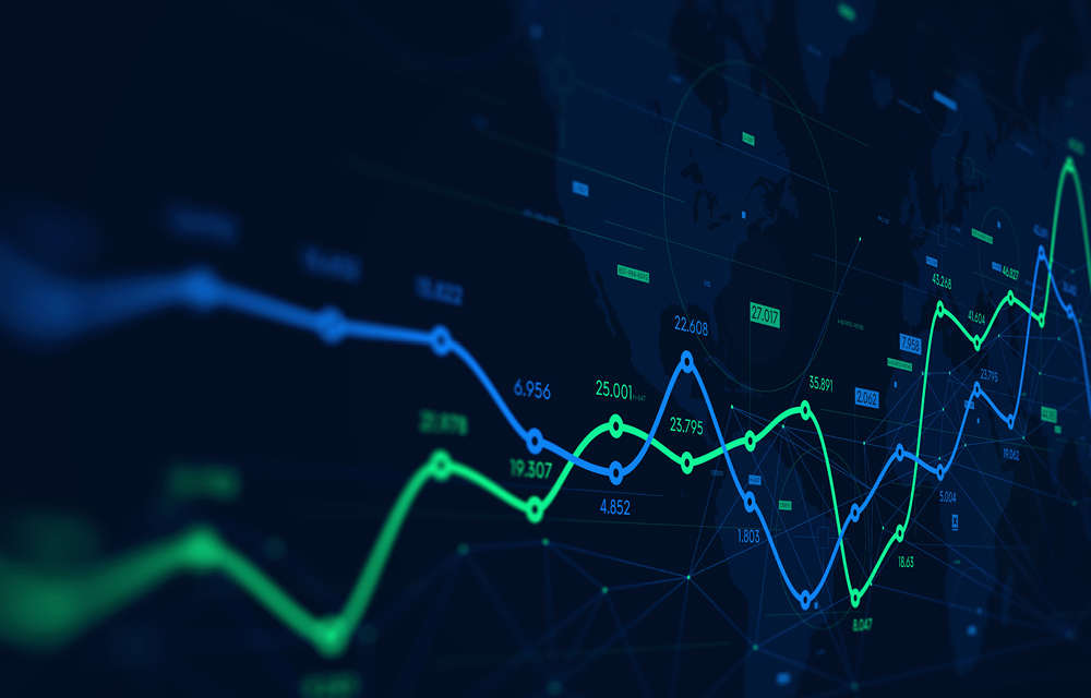 blue and green line charts on a dark map background