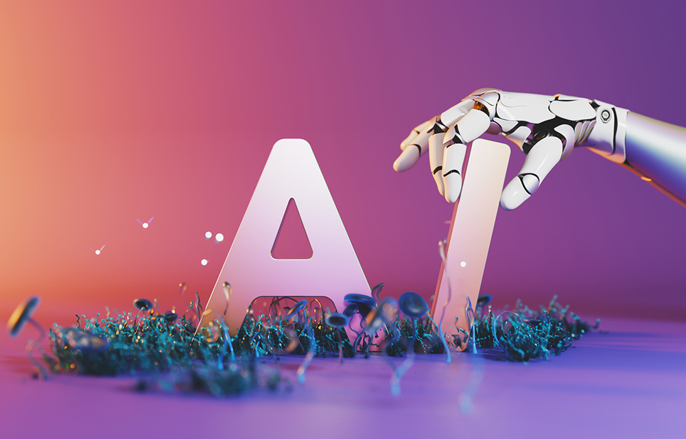 A robot hand placing letters to spell out AI.