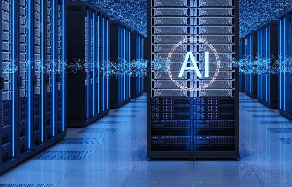 Graphic illustration of a server room in an AI data center.