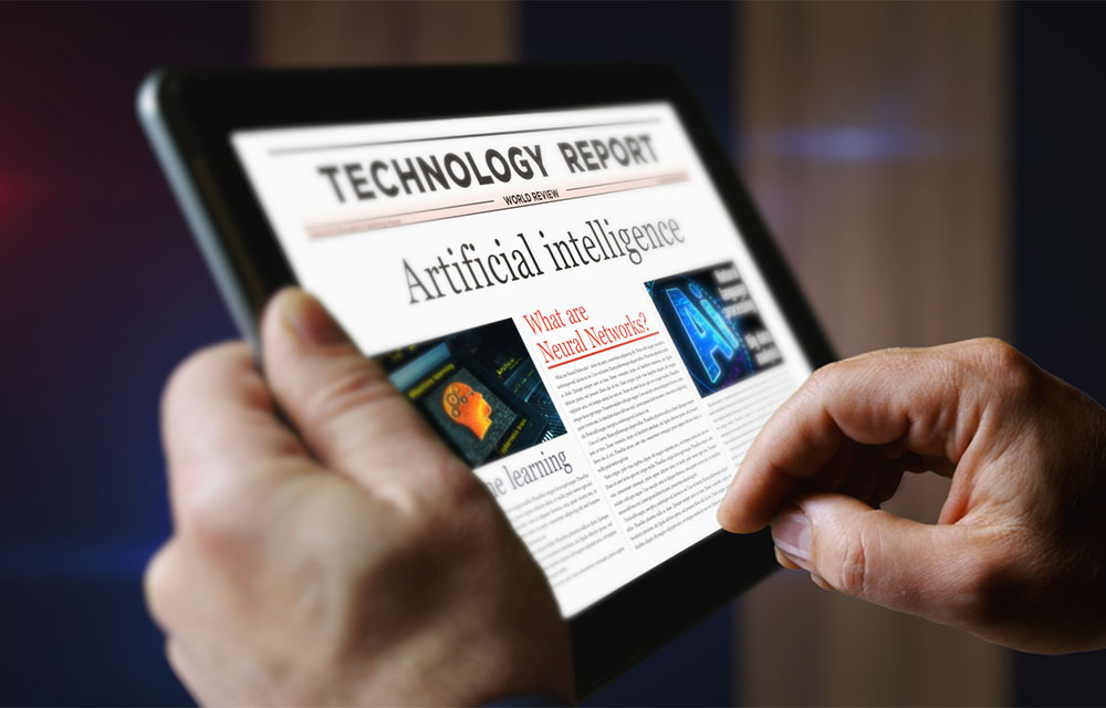 Person reading an article headline on their tablet that reads "artificial intelligence."