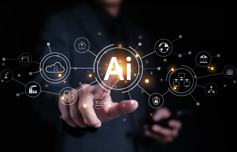 Graphic of a person touching a transparent AI button and icons webbing out that represent different types of technology and processes that include it.